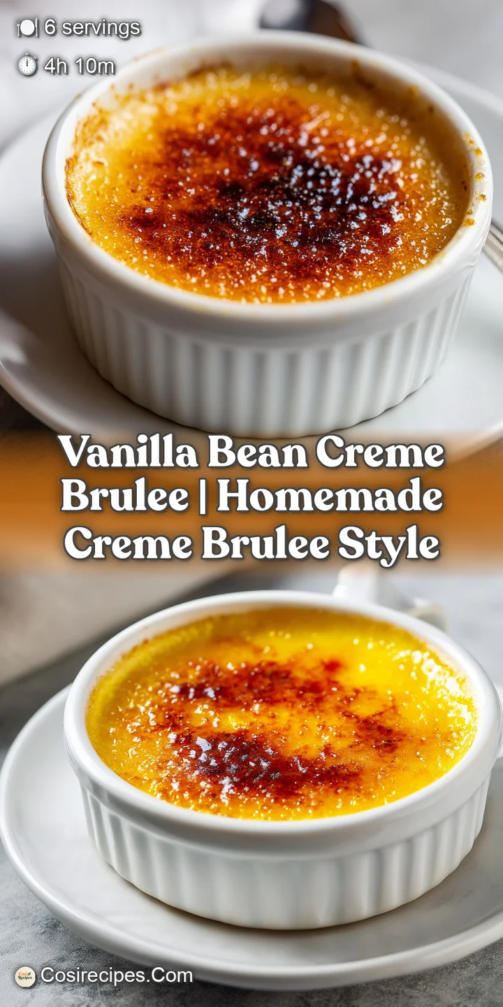 Close-up of cracked, golden caramel on a rich vanilla custard. Hints of vanilla bean flecks peek through the smooth, cream...