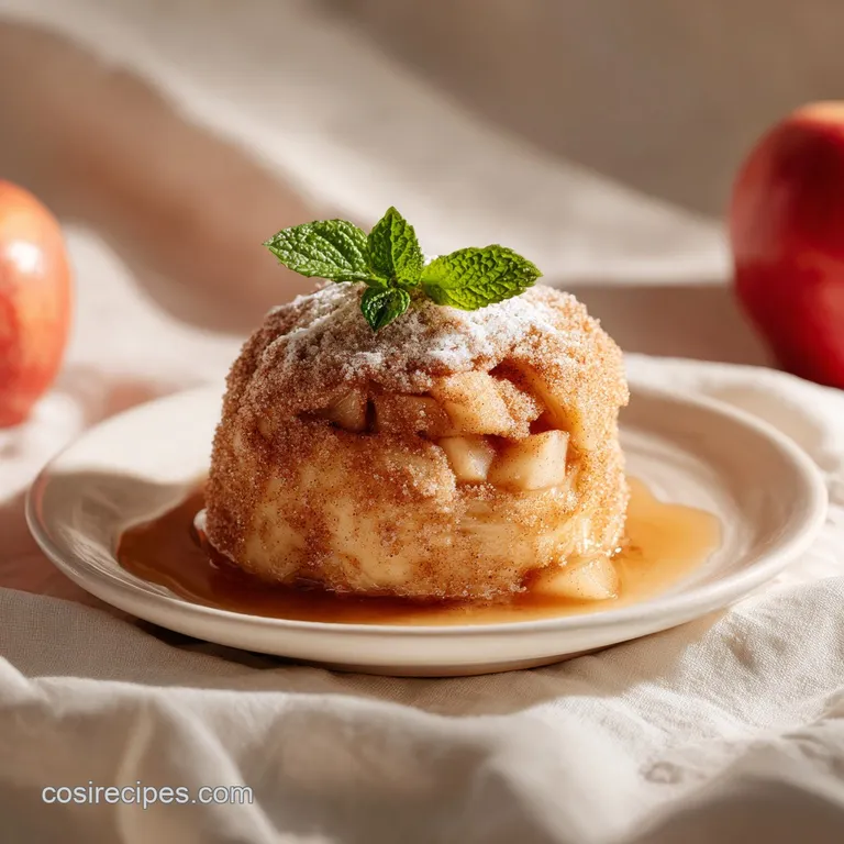Warm, golden apple dumplings coated in cinnamon sugar, elegantly presented with flaky pastry.
