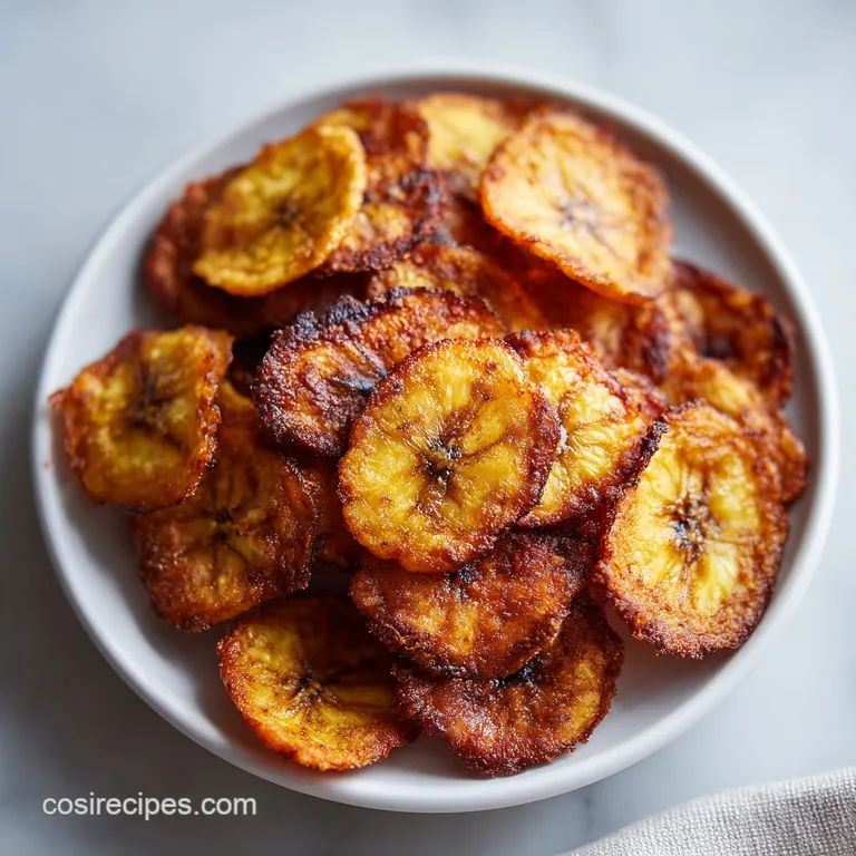 A scattering of light, golden-edged banana chips arranged artfully on a pale plate, highlighting their delicate texture an...