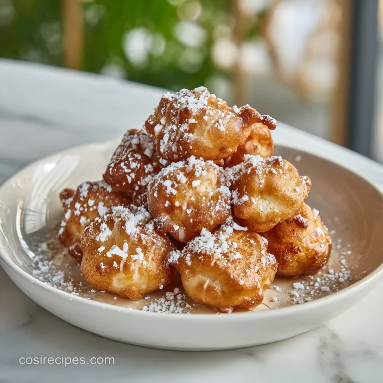 Delicate funnel cake bites artfully piled on a white plate, sprinkled with powdered sugar and drizzled with rich chocolate...