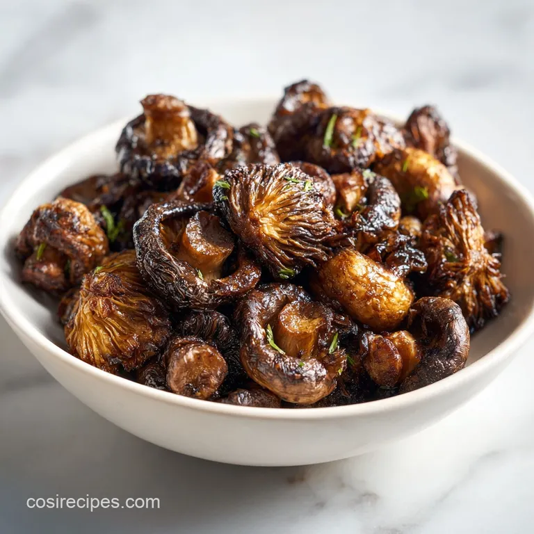 Saut&eacute;ed mushrooms artfully arranged on a white plate, speckled with fresh thyme, a drizzle of olive oil catching the light.