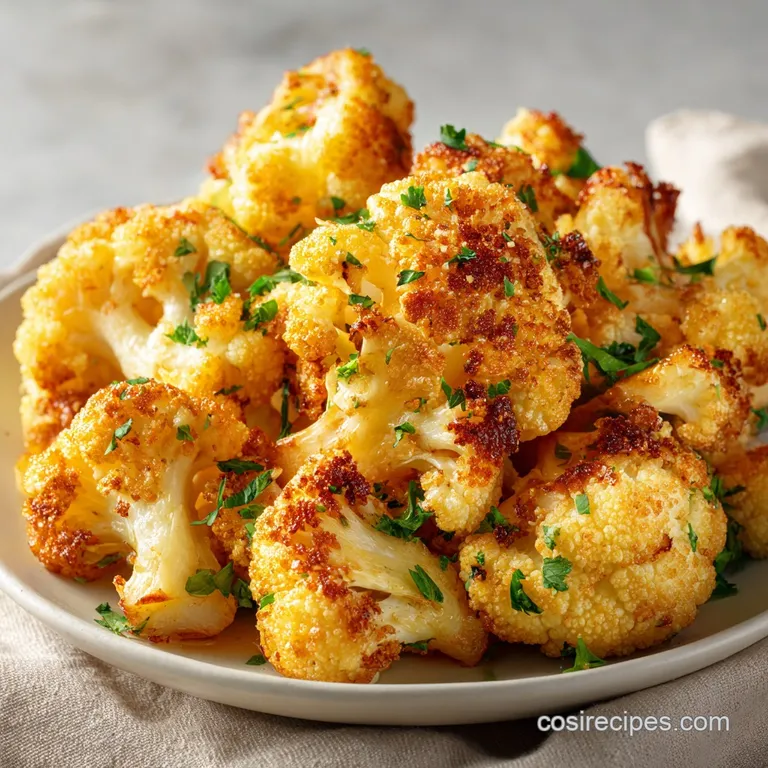 A vibrant mound of air-fried cauliflower, lightly browned and subtly charred, artfully arranged on a white plate. Fresh pa...