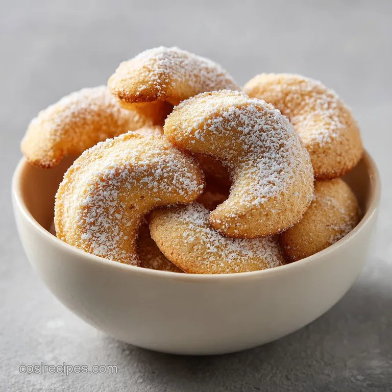 A delicate almond crescent cookie nestled on a vintage plate. Sugary dusting and rustic charm invite a bite.