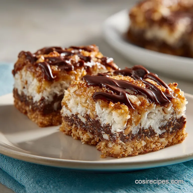 Slice of Almond Joy cookie bar on a white plate. Melted chocolate and visible layers of coconut fill the frame.