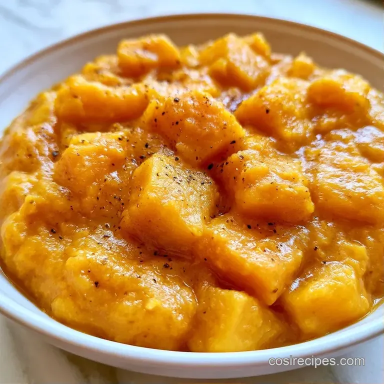 A shallow white ceramic bowl filled with thick orange stew, topped with a dollop of cream and fresh cilantro sprigs.