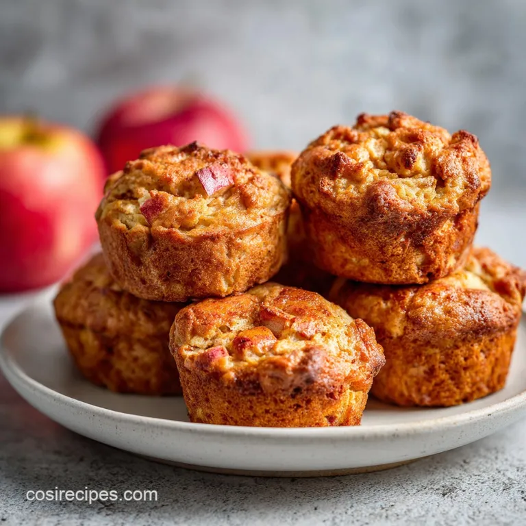 A single apple cinnamon muffin on a white plate, dusted with powdered sugar. Steaming, light and airy with a rustic appeal.