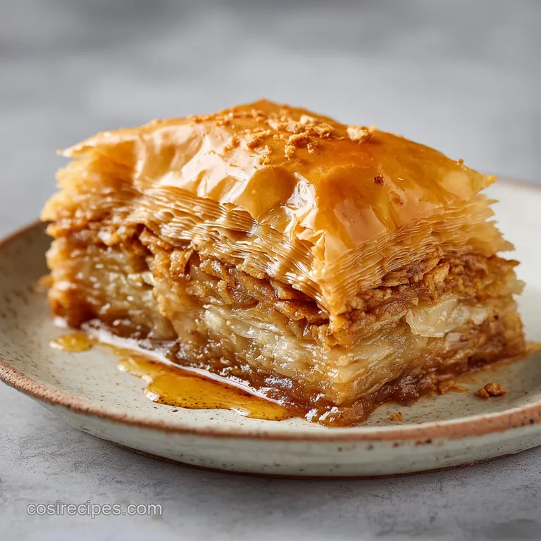 A slice of apple pie baklava with visible layers served on a white plate, topped with crushed nuts and maple syrup drizzle.