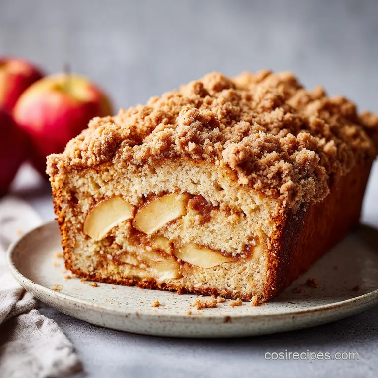 A thick slice of apple streusel bread, warm and inviting, plated with a dusting of powdered sugar and fresh apple slices.