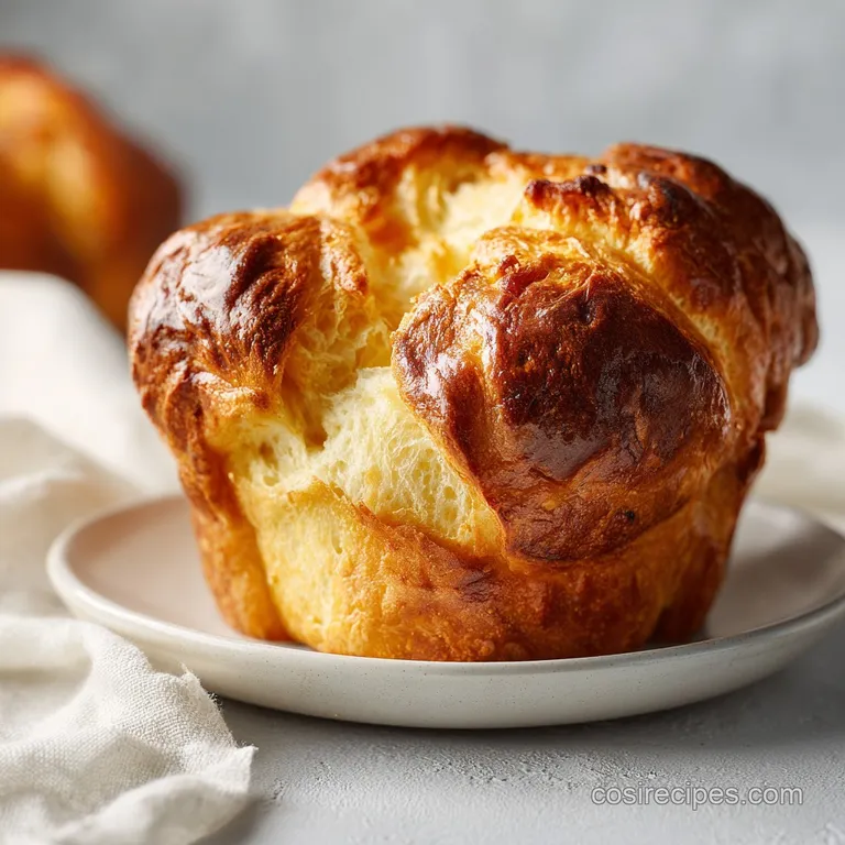 Warm brioche slice, delicately pulled apart revealing its airy, buttery crumb, artfully plated.