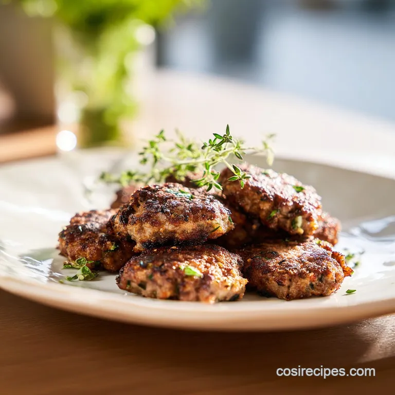 Perfectly browned Frikadelle on a plate, garnished with a vibrant parsley sprig, hints of dill, and a creamy sauce.