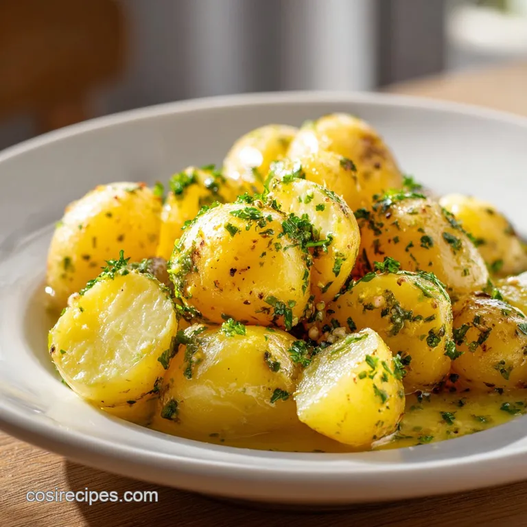 Side dish of German potato salad; parsley & bacon bits scattered across the glossy potatoes; rustic pottery and linen back...