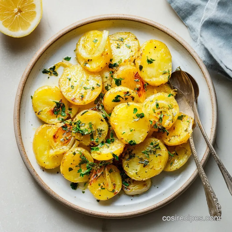 A vibrant plate of lemon-roasted potatoes, browned and crispy, garnished with fresh herbs and lemon wedges, ready to serve.