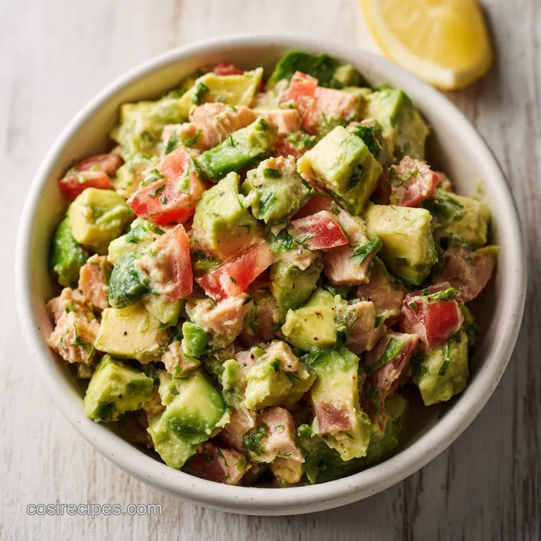 Mounded avocado tuna salad served atop crisp lettuce cups. Bright green avocado contrasts with flaky tuna.