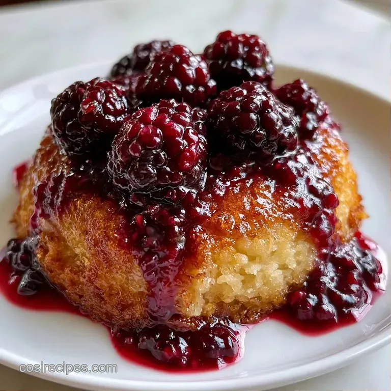 A square slice of purple-swirled cake on a white plate, topped with a dollop of cream and fresh, juicy berries.