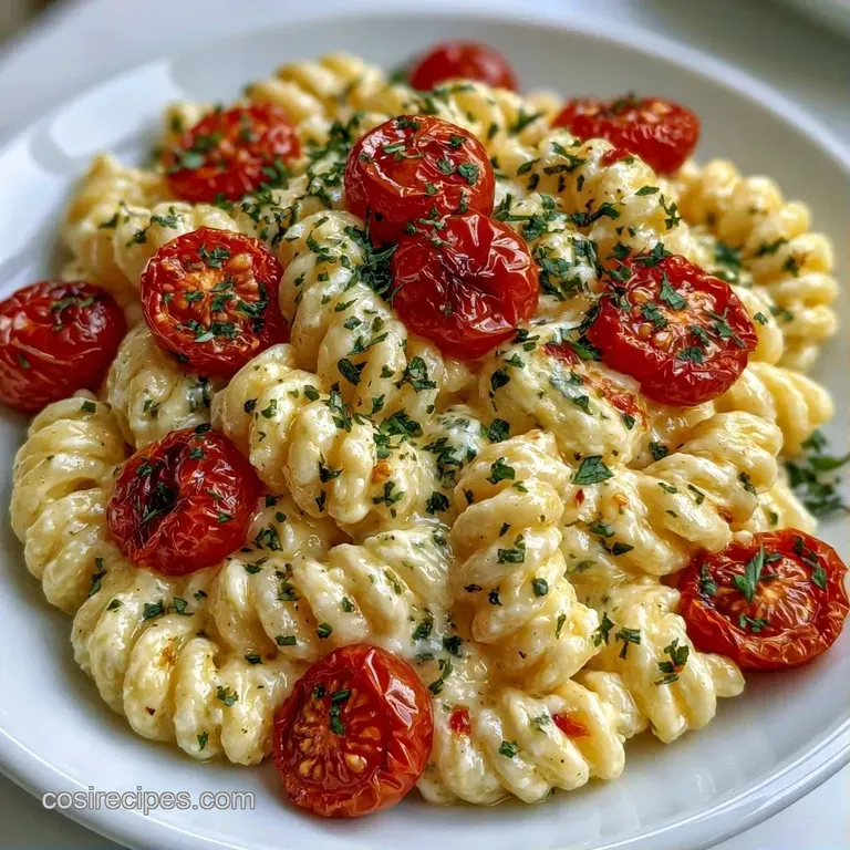 A swirl of creamy herbed pasta topped with blistered red tomatoes and a sprinkle of fresh green parsley on white.