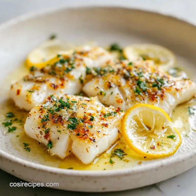 A perfectly portioned cod fillet, drizzled with lemon butter, served alongside vibrant green asparagus and a lemon wedge.