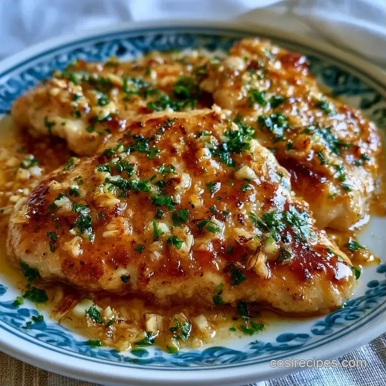 Tender chicken slices arranged on a modern plate, drizzled with garlic butter and paired with vibrant green beans.