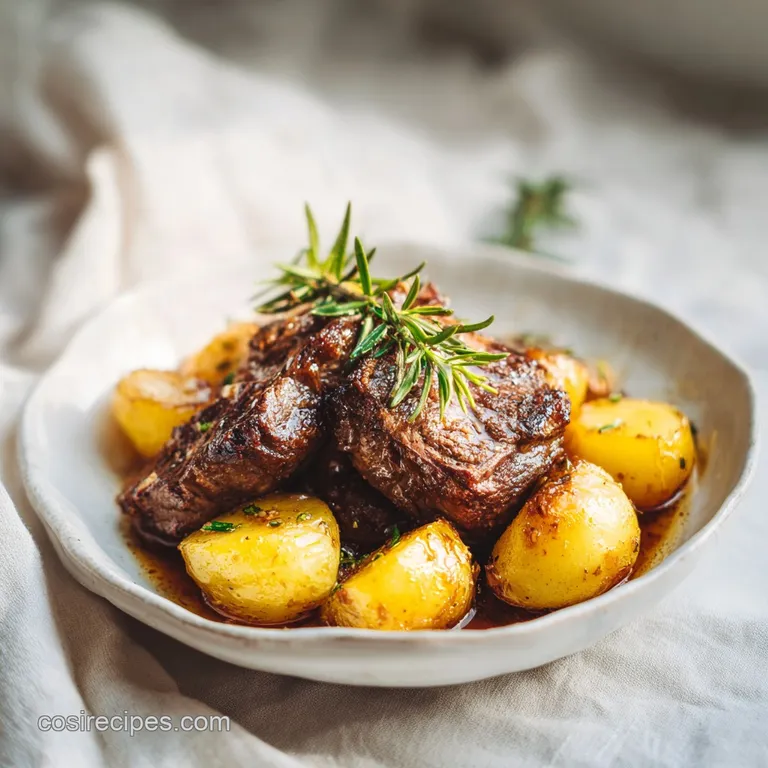 Plated baked beef chop with crisp potatoes, garnished with fresh herbs, glistening with savory juices; a comforting and ru...