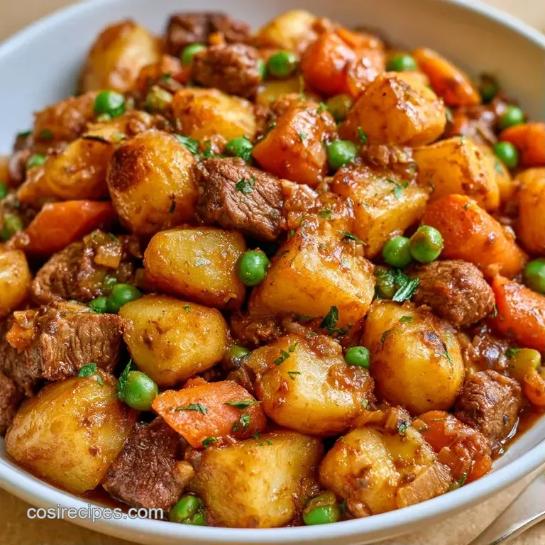 Hearty portions of seared beef and roasted potatoes served on white ceramic plates with a sprinkle of fresh parsley.
