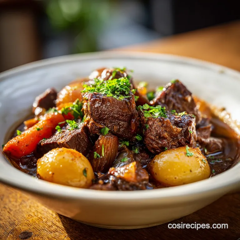 A steaming bowl of deep brown Belgian beef stew with fresh parsley. Tender beef is the star of this elegant meal.