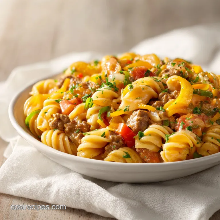 A fork lifts a generous portion of pasta salad, showing creamy noodles, beef, and vibrant toppings.
