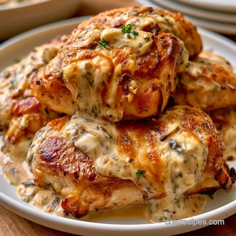 Golden seared chicken breasts on a white platter, drizzled with a rich, creamy sauce and topped with fresh parsley.