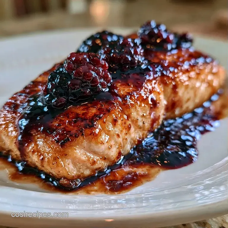 Vibrant pink salmon fillet paired with roasted asparagus and a glossy, deep purple glaze on a minimalist white plate.