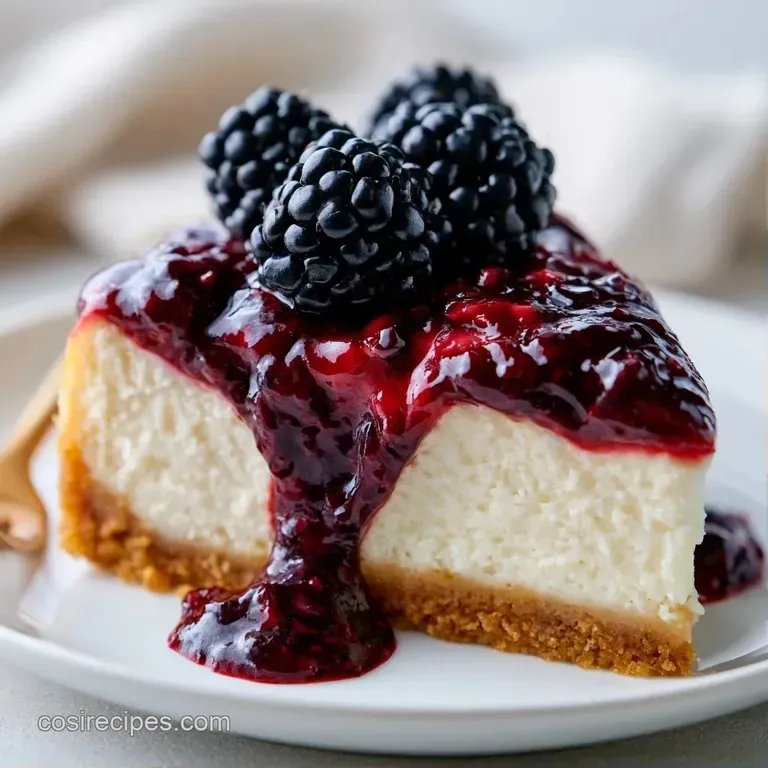 A neat square of creamy white cake with deep violet berry swirls, garnished with a fresh blackberry on a white dish.