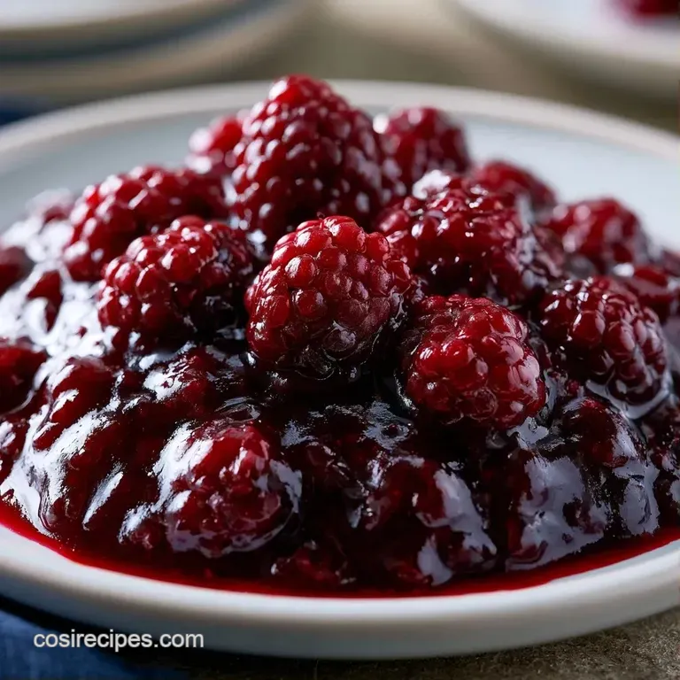 Glossy, dark purple berry sauce drizzled elegantly over a dollop of white cream with a fresh mint sprig.