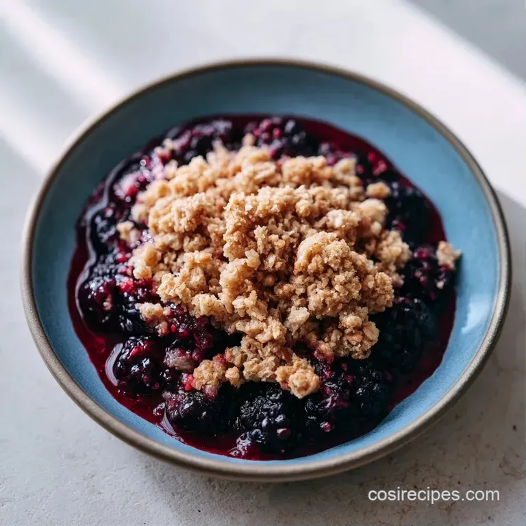 A scoop of melting vanilla ice cream atop warm, purple berry crumble served in an elegant white ceramic bowl.