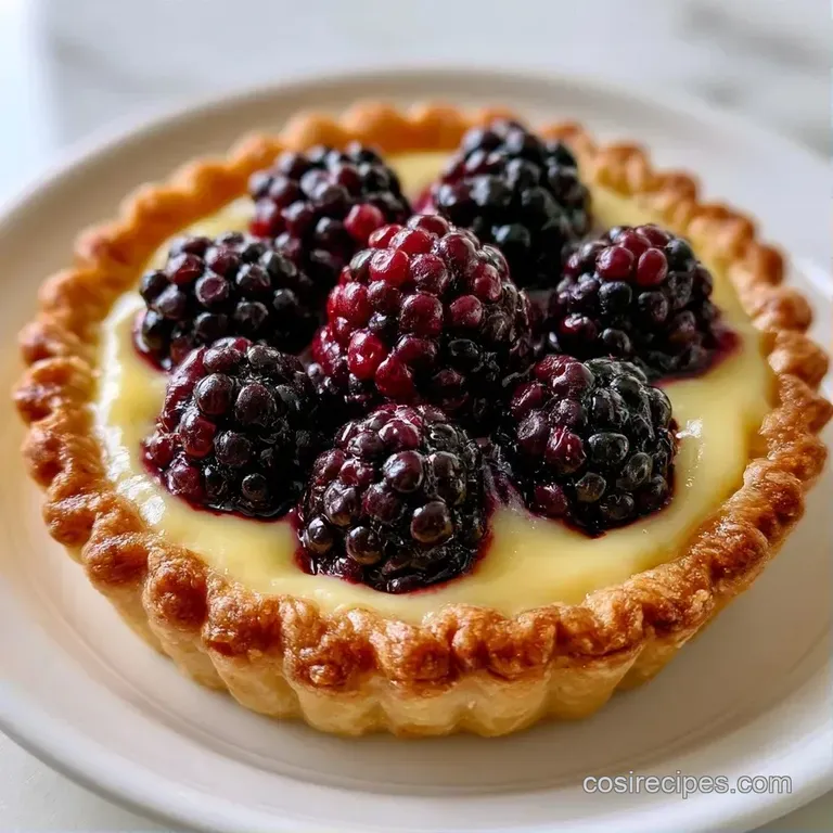 A thin slice of purple berry custard tart on a matte black plate, garnished with a mint leaf and fresh berries.