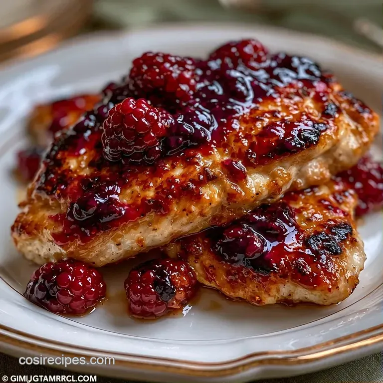 Sliced seared chicken breasts drizzled with a rich violet sauce, garnished with fresh berries and a sprig of thyme.
