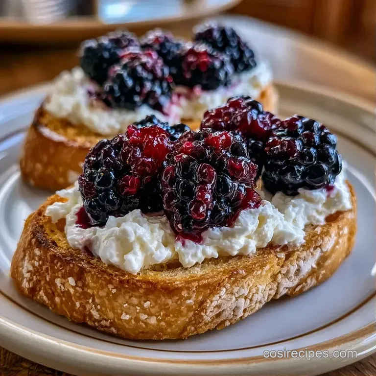 Elegant arrangement of golden-brown toast slices with white creamy cheese and glossy blackberries on a slate board.