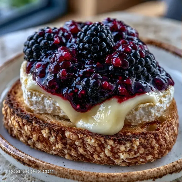 Two toasted sourdough triangles showing melted cheese and dark berry swirls, plated on a clean white ceramic dish.