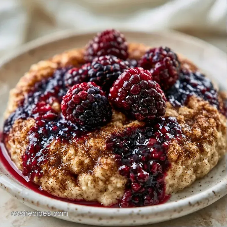 A square slice of toasted oat cake topped with a dollop of white cream and a fresh blackberry on a ceramic plate.