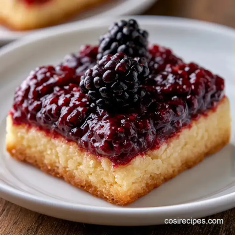A neat square of purple berry bars on a white ceramic plate, garnished with a sprig of mint and a dusting of sugar.