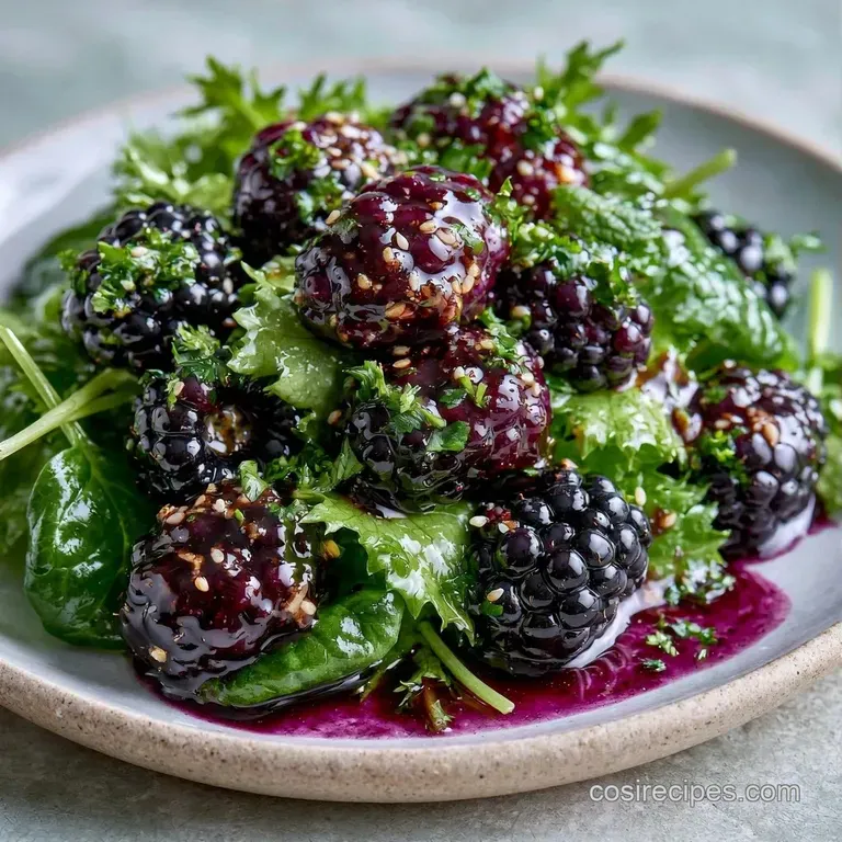 Vibrant mixed greens topped with dark berries and crumbled white cheese in a shallow white ceramic bowl