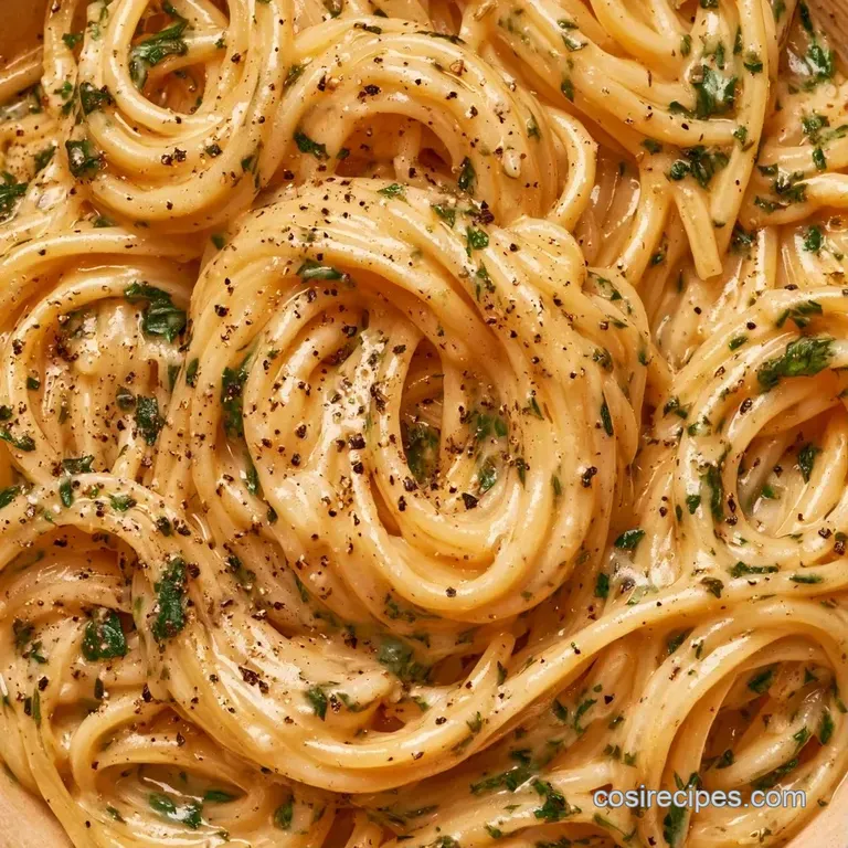 A minimalist white plate featuring a swirl of creamy pasta topped with grated parmesan and a sprig of fresh parsley.