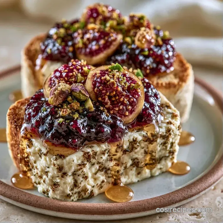 Swirled white cheese topped with dark purple fig preserves, garnished with fresh fig slices and a sprig of thyme.