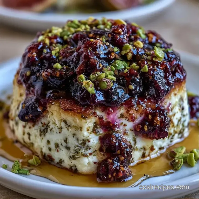 White cheese spread topped with deep purple jam and green nuts, surrounded by crisp crackers and sliced pears.