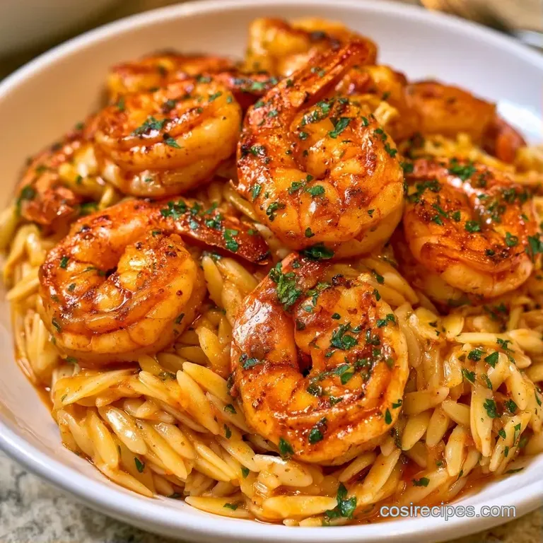 Elegant swirls of creamy white pasta and seared pink shrimp topped with fresh parsley on a matte ceramic plate.