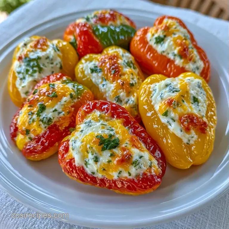 Charred mini peppers filled with creamy white cheese, garnished with fresh parsley on a dark slate serving board.