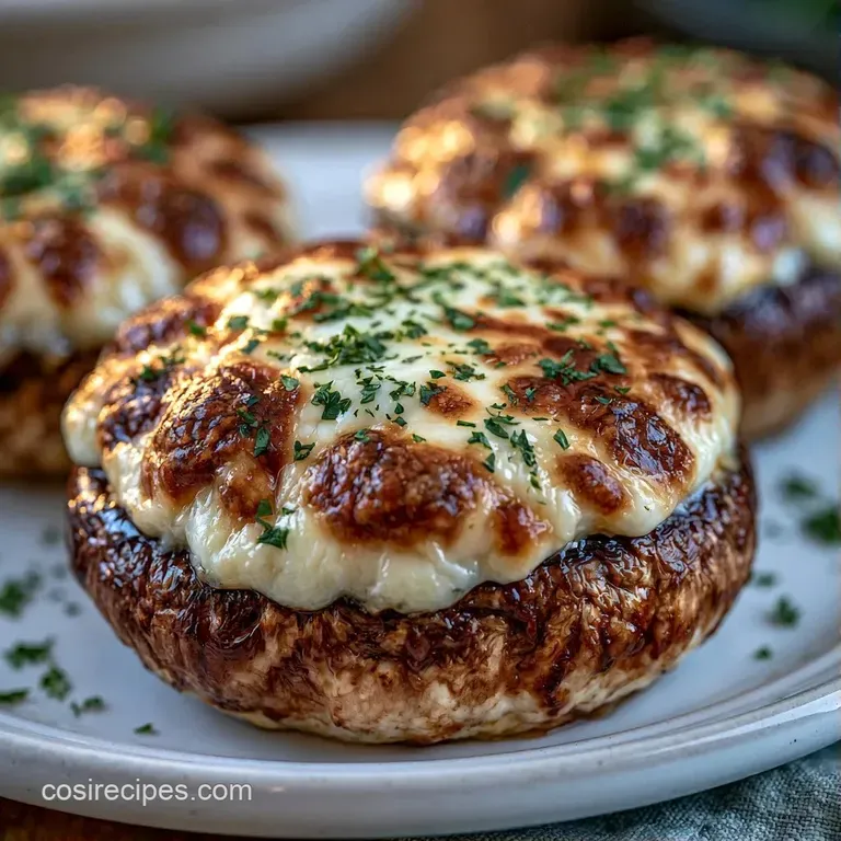 Small brown mushroom caps filled with creamy white cheese, arranged neatly on a slate board with fresh parsley.