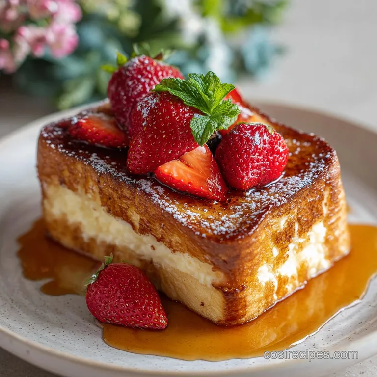 Tall slice of brioche French toast casserole with glistening maple syrup. Garnished with fresh raspberries and mint, looks...
