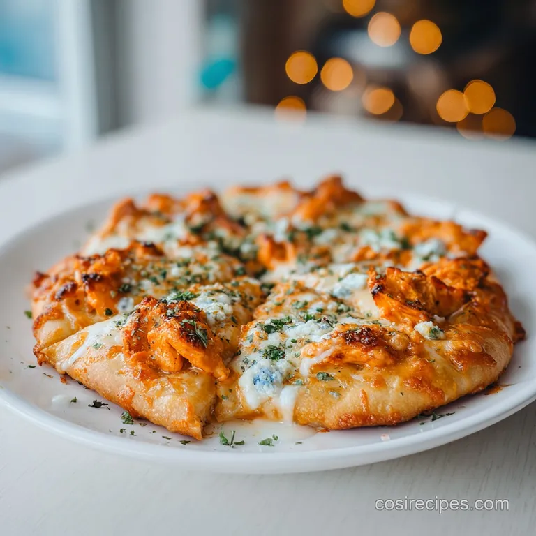 A rustic slice of buffalo chicken pizza, showcasing crispy crust and gooey cheese, ready to be enjoyed.