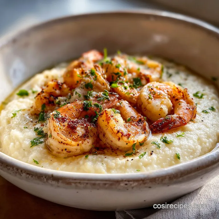Perfectly plated shrimp and grits with a drizzle of golden butter and a sprinkle of fresh herbs on a white plate.