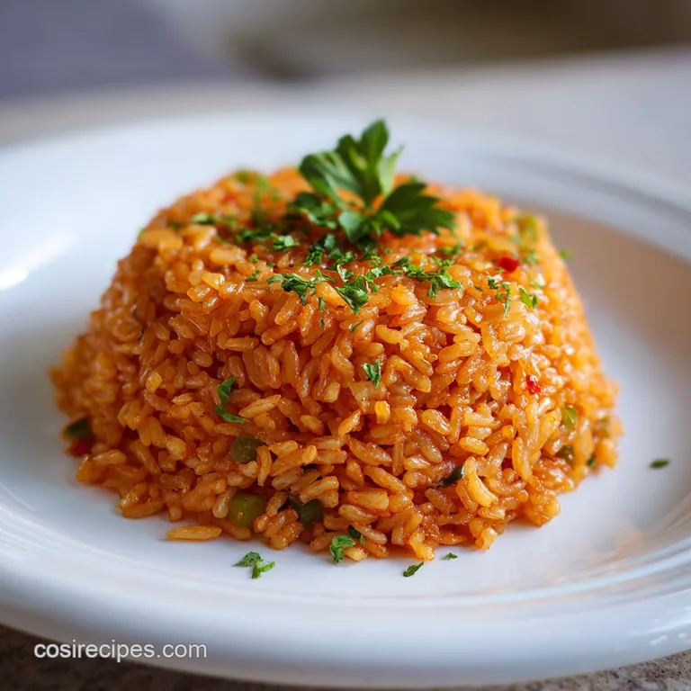 A single serving of steaming red rice, piled high, garnished with fresh herbs and a bright green pepper slice.