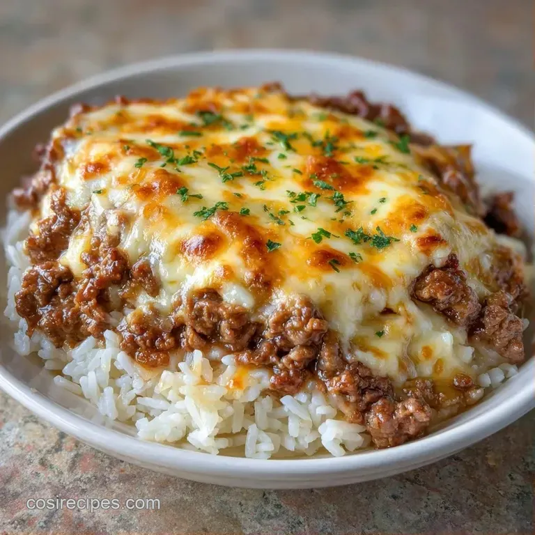 A steaming portion of creamy beef and rice served in a white ceramic bowl with a sprinkle of fresh chopped chives