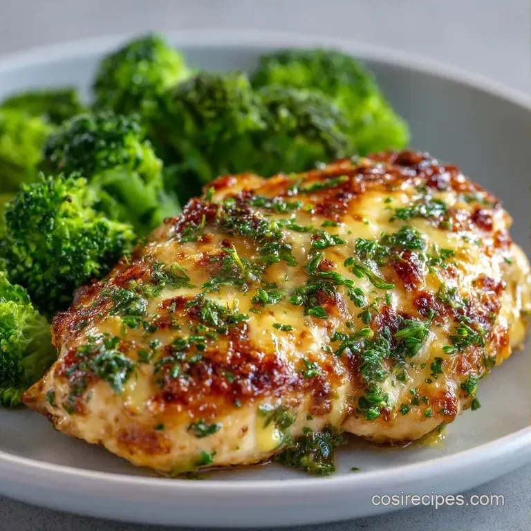 A scoop of creamy chicken and broccoli topped with toasted cheese, plated elegantly with a side of steamed carrots.