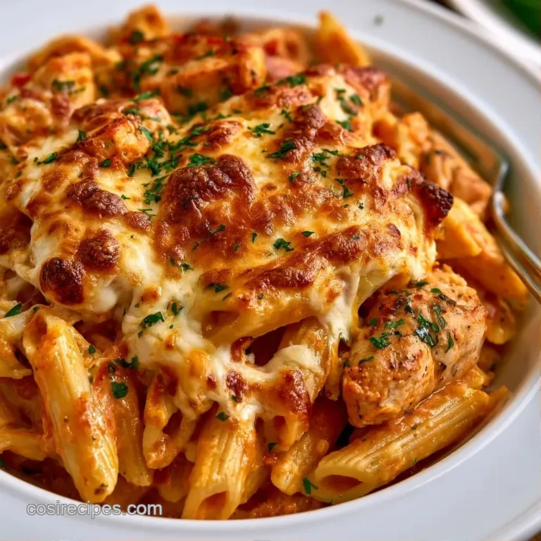 A generous scoop of creamy pasta with tender chicken, topped with melted cheese and a sprinkle of fresh parsley.